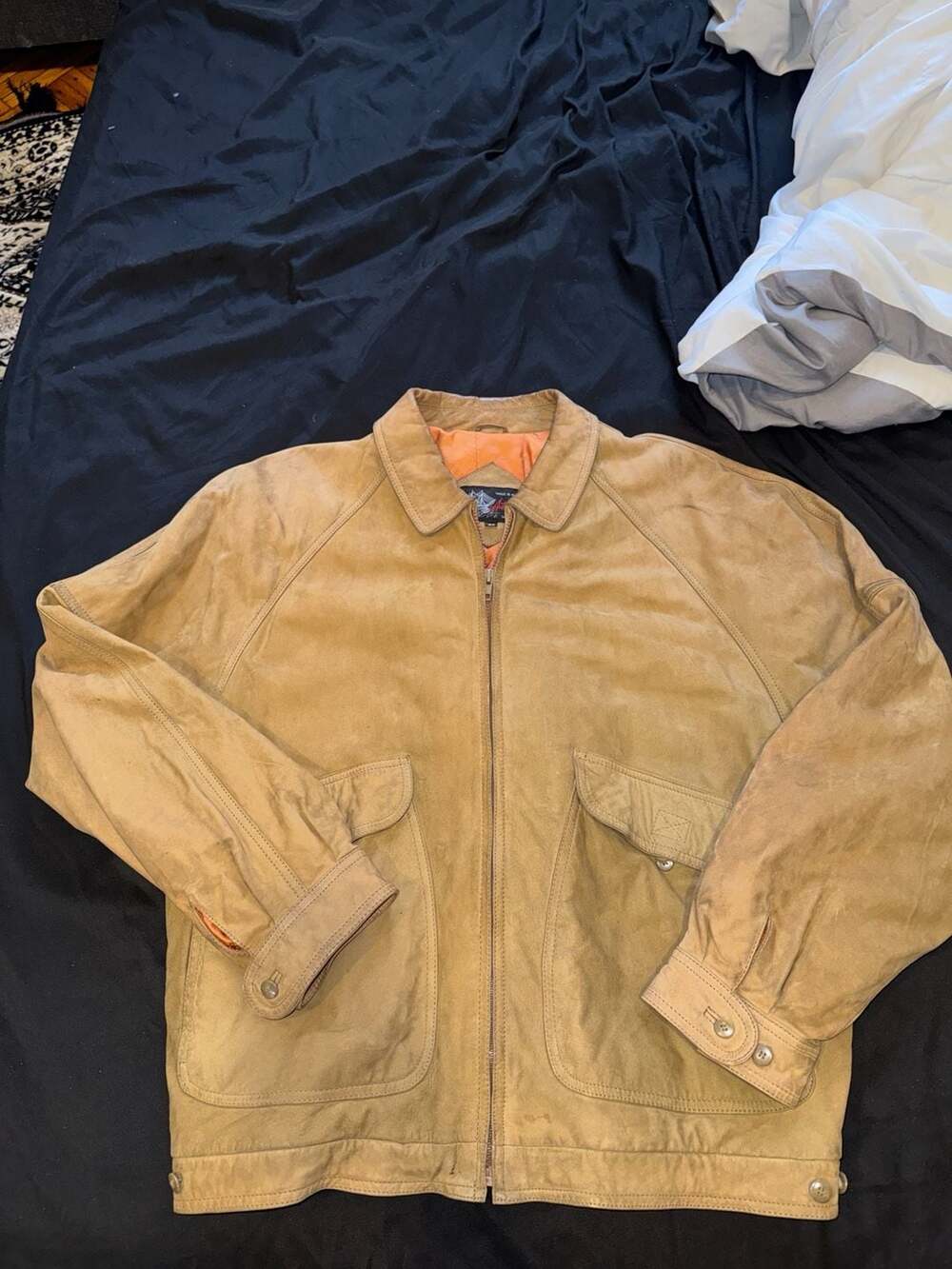 Vintage Brown Suede Leather Bomber Jacket with Orange Quilted Lining Size 44